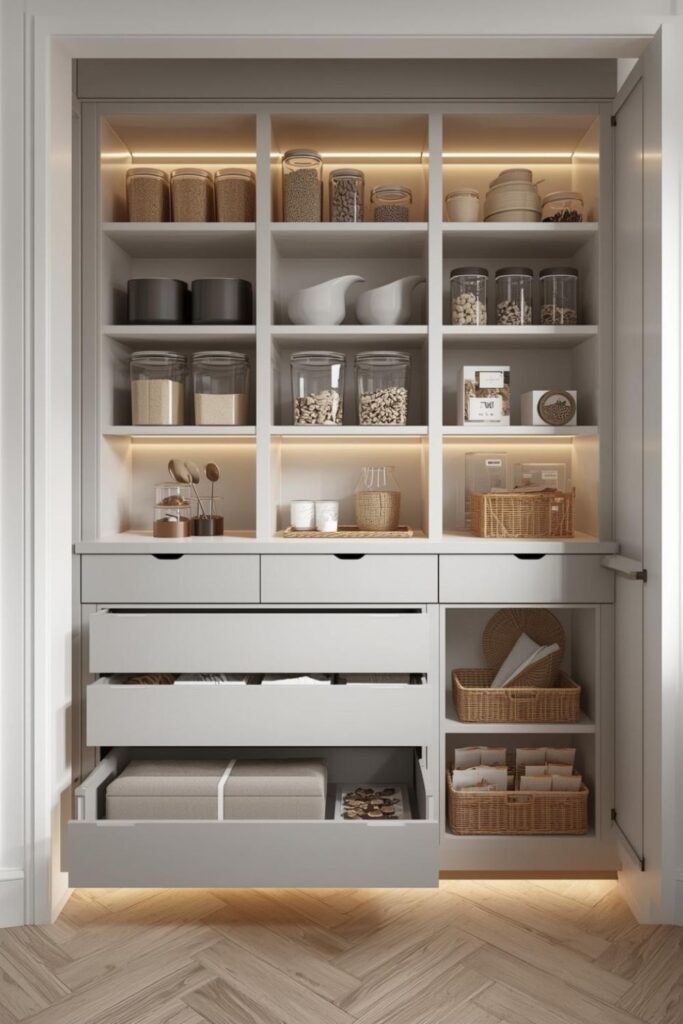 Contemporary Gray Pantry with Pull-Out Drawers and Divided Bins
