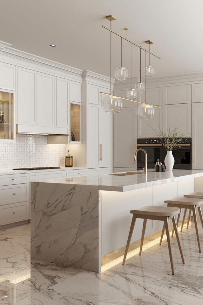 Contemporary Luxury Island Kitchen with Crisp White and Warm Gold