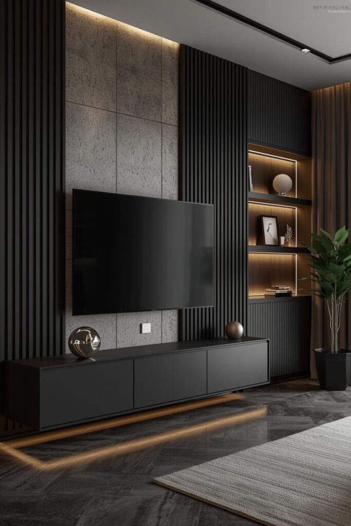 Cool Concrete Stone Panel With Black Slats and Museum-Style Shelves
