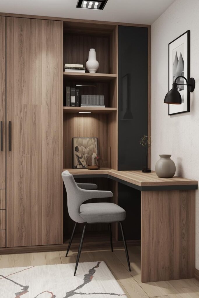 Corner Built-In Desk Beside Wardrobe With Floating Shelves