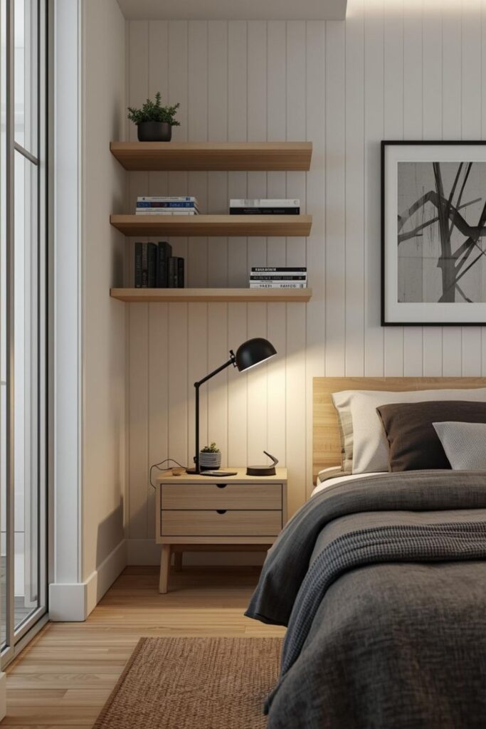 Corner Floating Shelves to Maximize Tight Bedroom Layouts