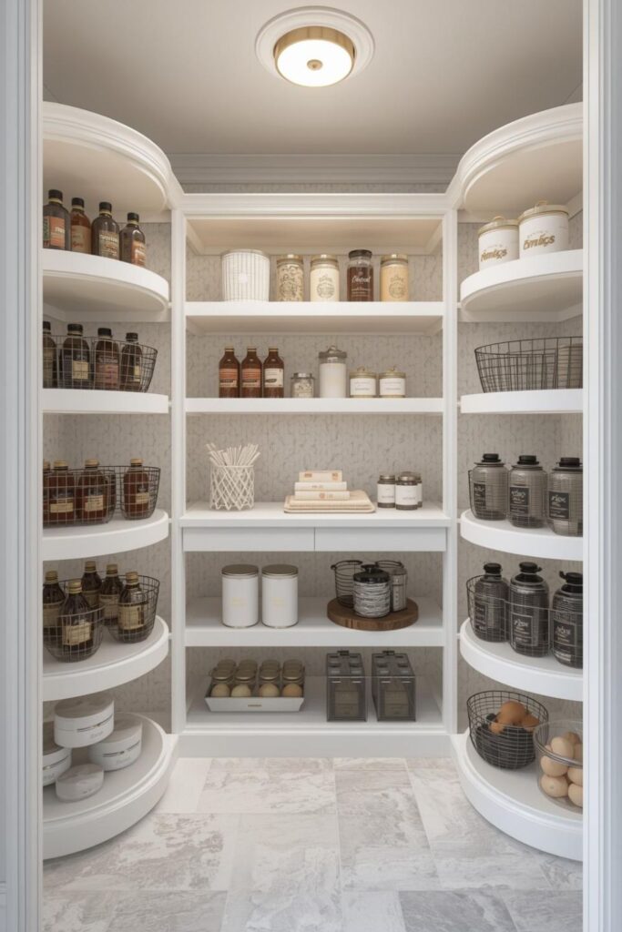 Corner Pantry with Lazy Susans and Tiered Baskets