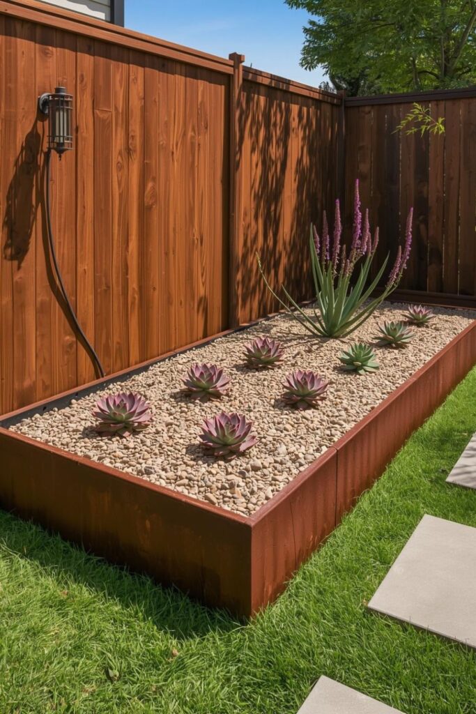 Corten-Look Steel Bed With Succulents and Rock Mulch