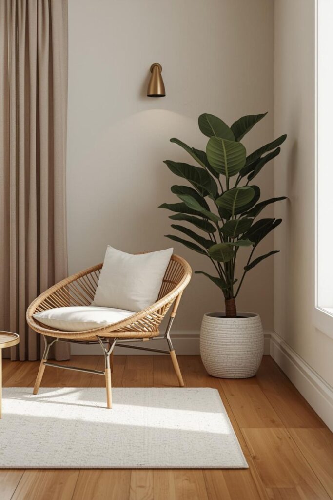 Cozy Plant Reading Nook with Rattan Chair and Tall Fig Tree