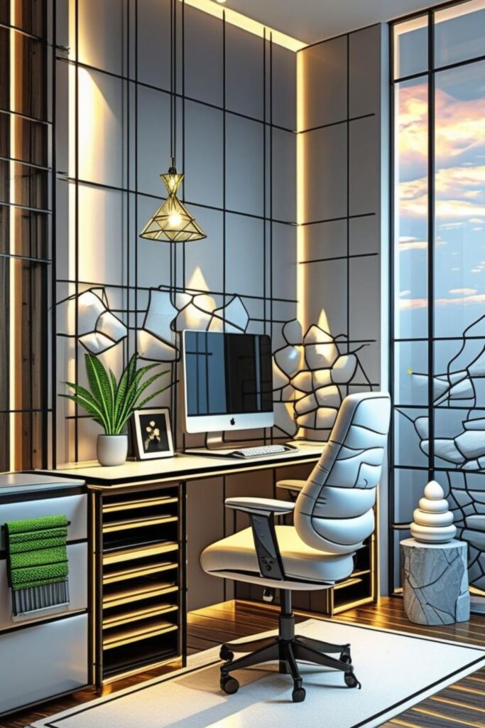 Cream And Black Micro-Office With Slatted Wall And Grid Shelves