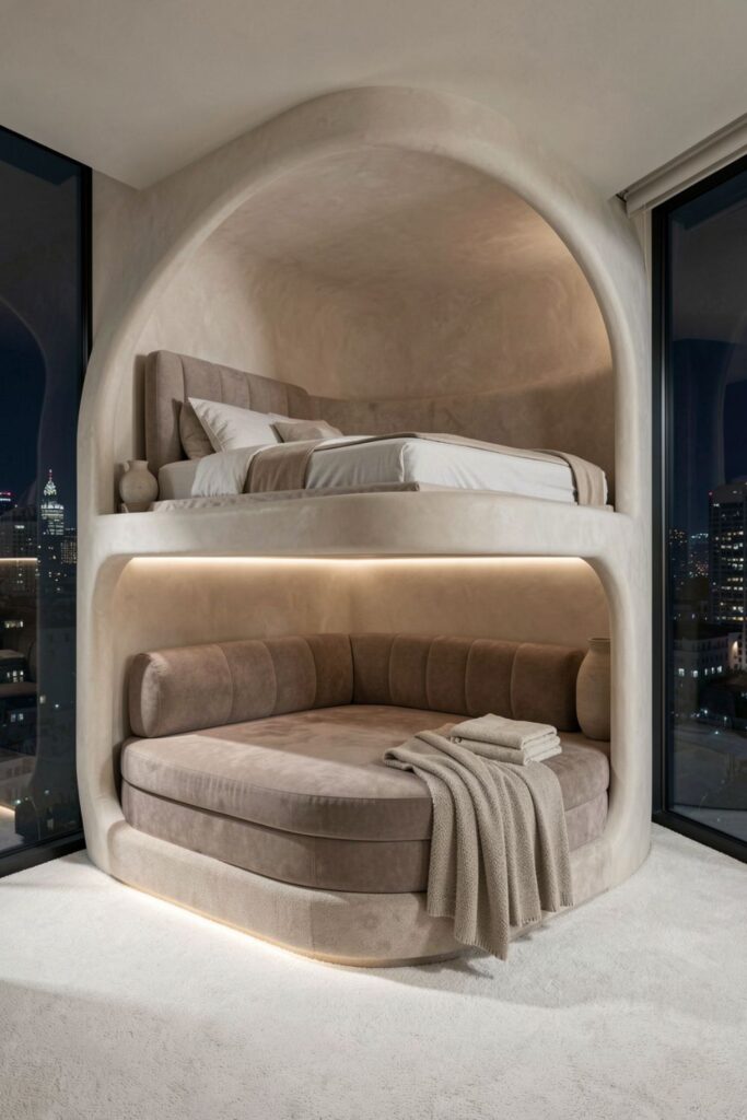 Cream And Taupe Pod Loft With Minimalist Guard Rail