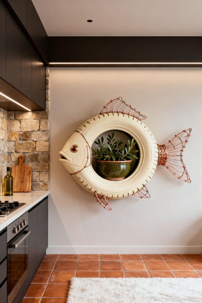 Cream and Copper Tire Fish Planter for Modern Rustic Kitchen