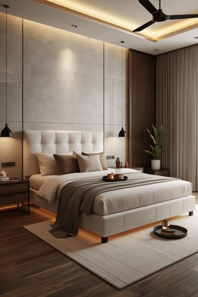 Cream and Mocha Bedroom with Floating Nightstands and Gold Glow