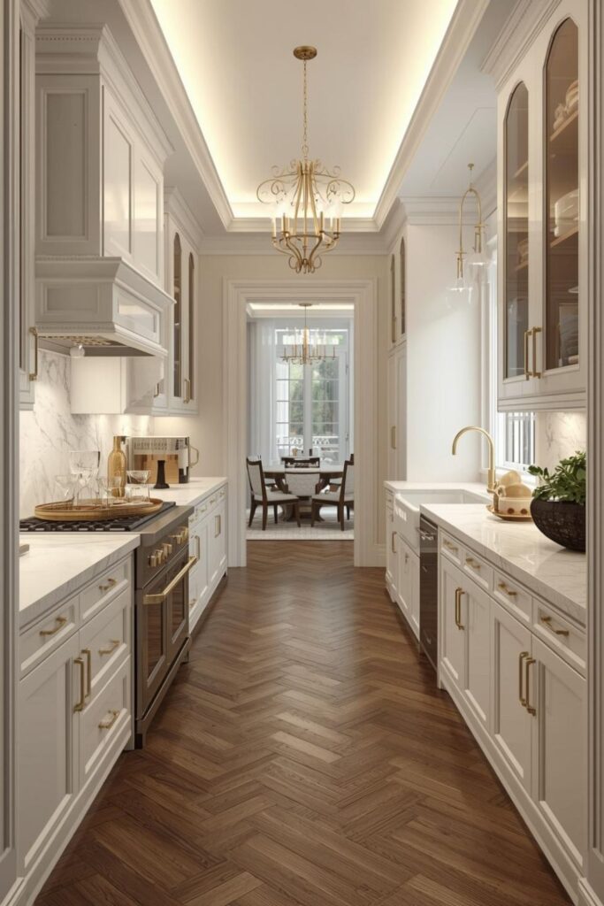 Creamy White Galley Kitchen with Champagne Gold Elegance