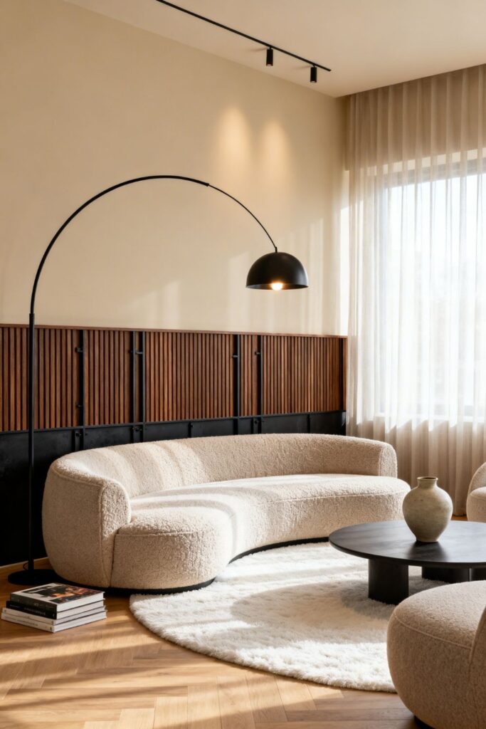 Curved Bouclé Sectional With Walnut Slats and Amber Glow