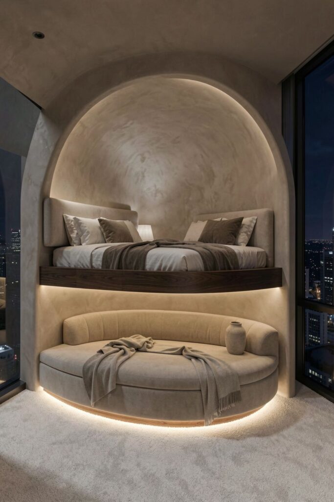 Curved Loft Pod Bedroom With Walnut Trim And Skyline