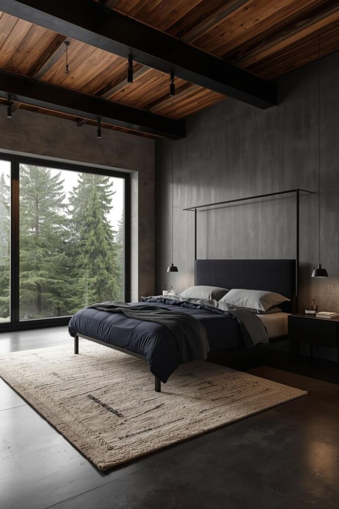 Dark Cedar Ceiling With Slate Grey Walls and Navy Layers