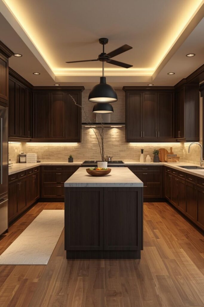 Dark Chocolate Cabinets With Bright Cream Limestone-Style Counters