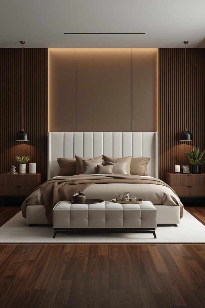 Dark Cocoa Accent Wall Bedroom with White Bed and Brass Pendants