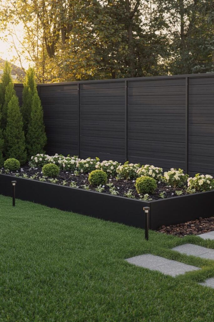 Dark Composite Bed With Hydrangeas and Boxwood Structure