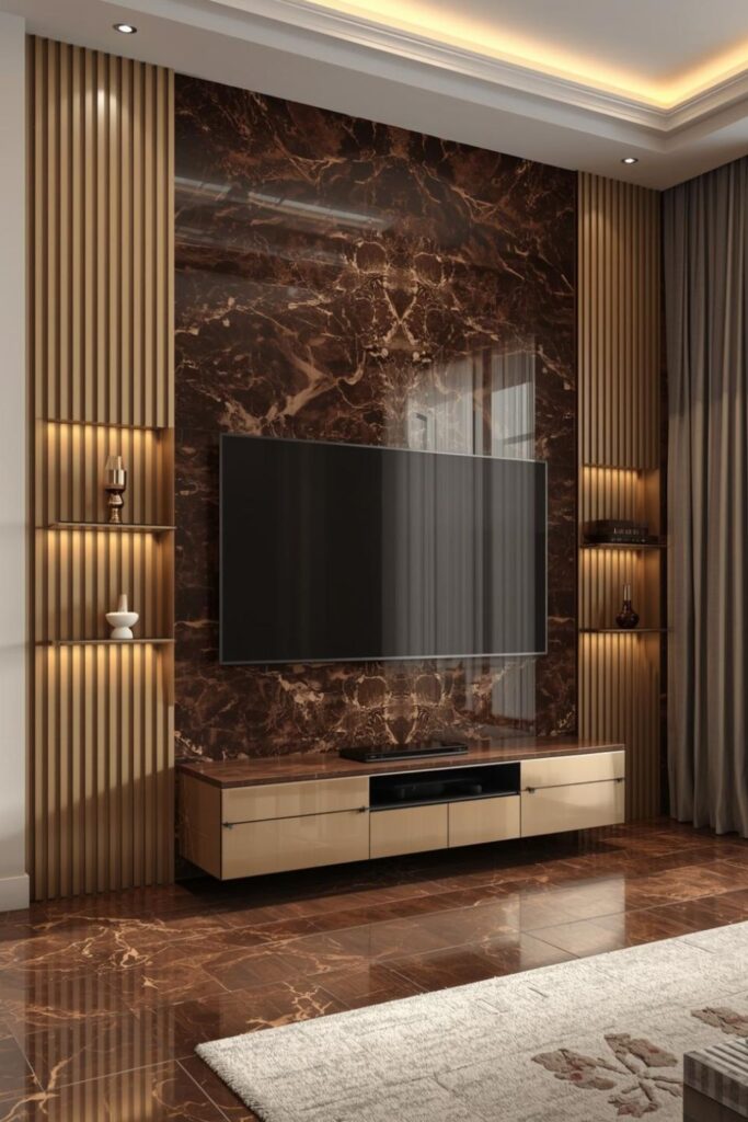 Dark Emperador Marble Center With Champagne Slats and Display Cubes