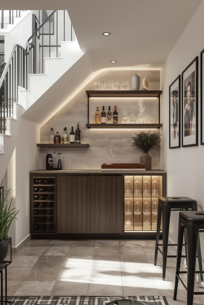 Dark Oak Under-Stairs Bar with Wine Rack