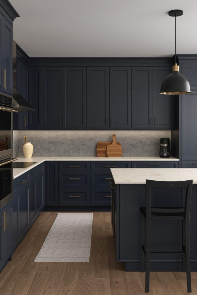 Deep Navy Cabinets With Warm Brass Contrast