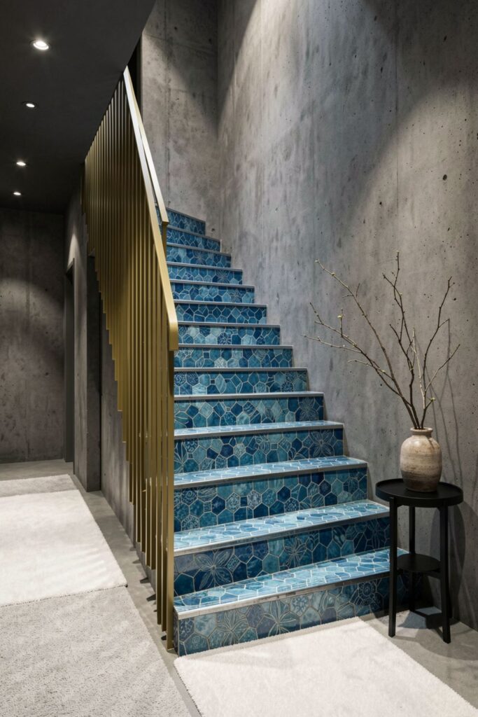 Deep Ocean Blue Zellige-Style Tiles in a Floating Staircase