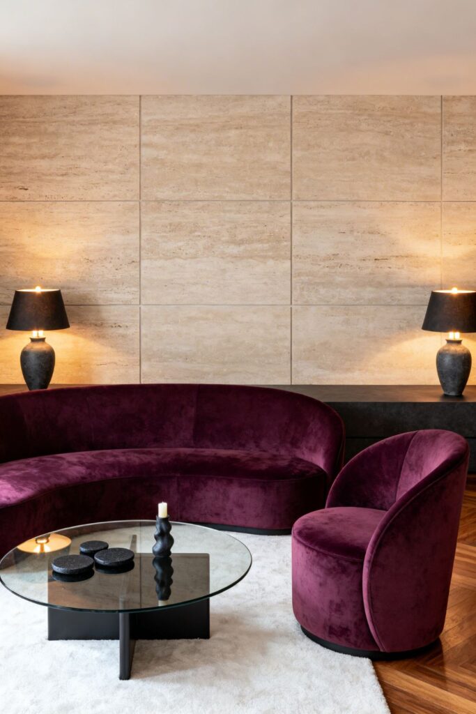 Deep Plum Curved Sofa With Smoked Glass and Graphite Lamps