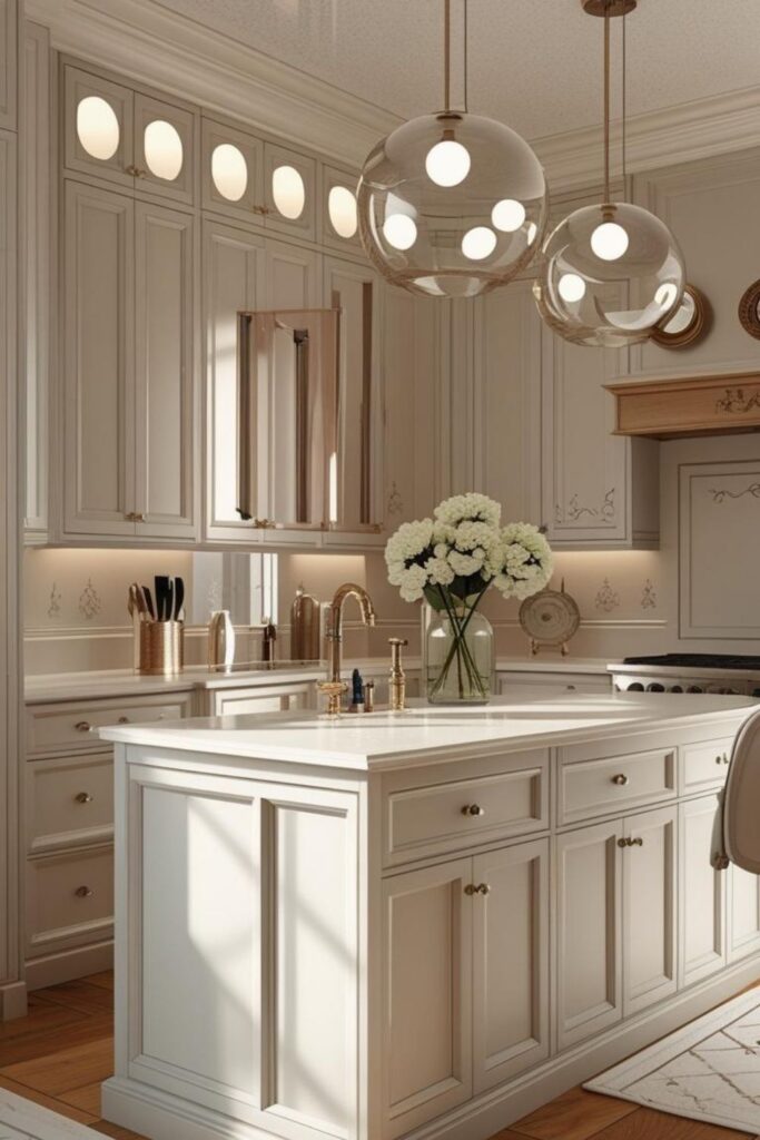 Dusty Blue Island With White Perimeter Cabinets