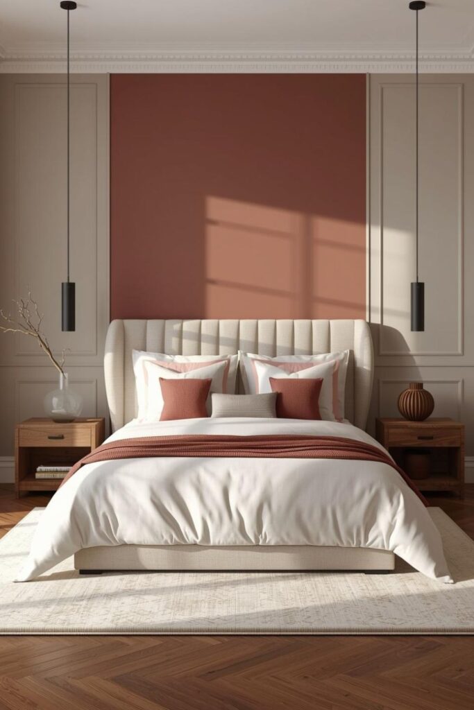 Dusty Rose Accent Wall With Slim Black Pendants