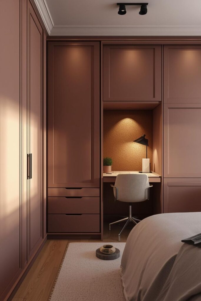 Dusty Rose Wardrobe Wall with Hidden Desk Behind Pocket Door
