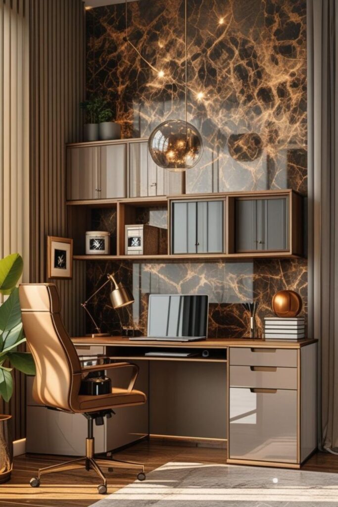 Earthy Terracotta Accent Wall With Walnut Desk And Box Cabinets