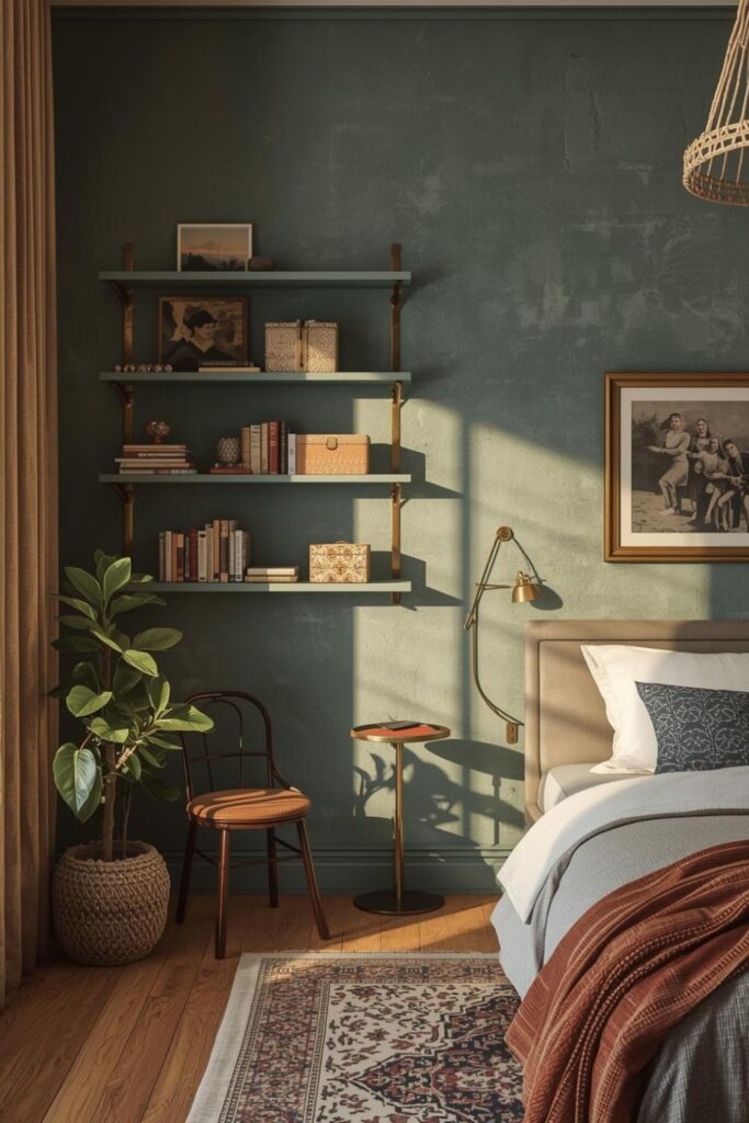 Eclectic Painted Shelves with Brass Rails for Pretty Storage