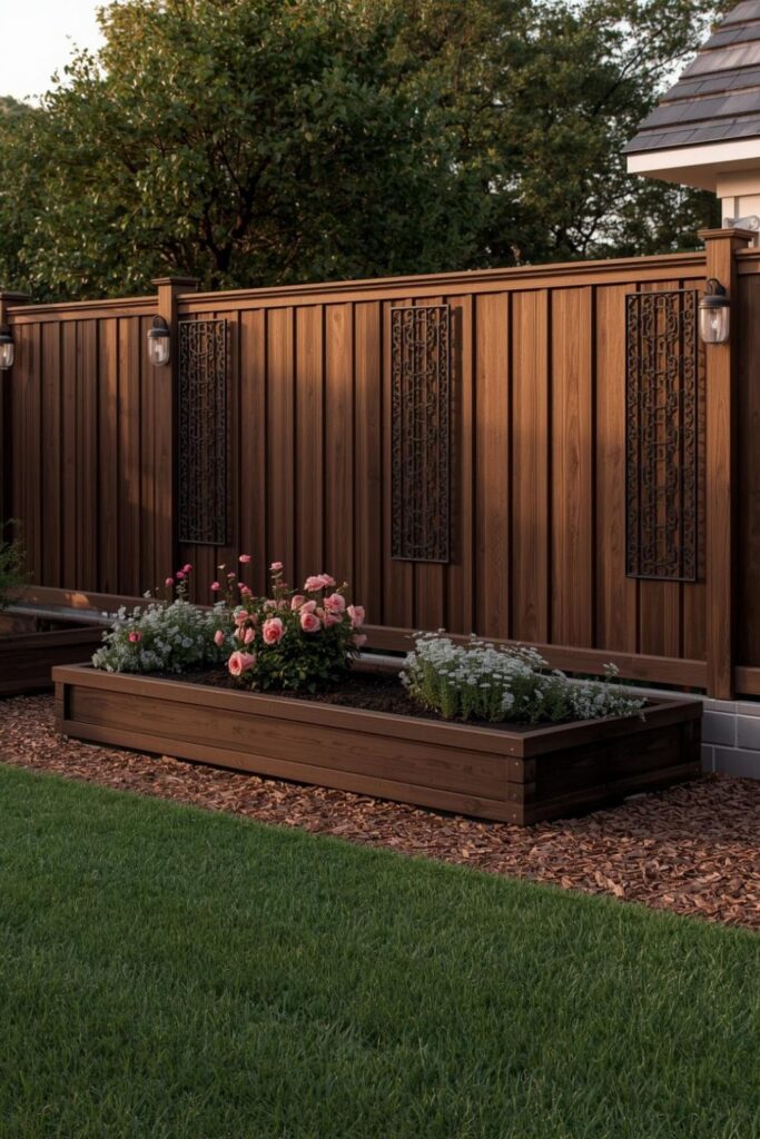 Espresso-Stained Redwood Bed With Roses and Catmint