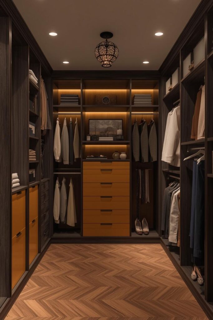 Espresso Wood Built-Ins with Mustard Drawer Accent