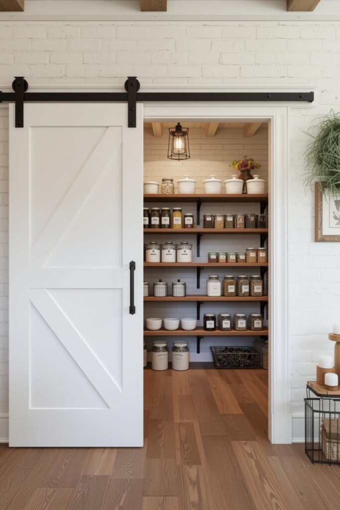 Farmhouse Pantry with Sliding Barn Door and Labeled Glass Jars