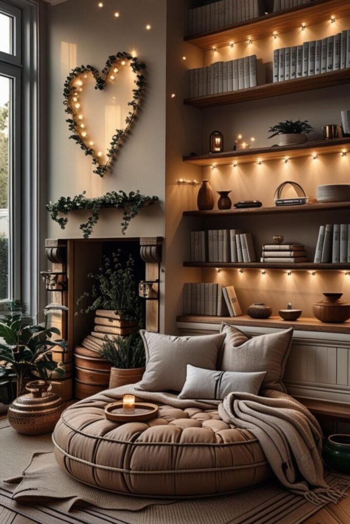 Fireplace-Side Nook with Taupe Pouf and Twinkle Shelf Lights