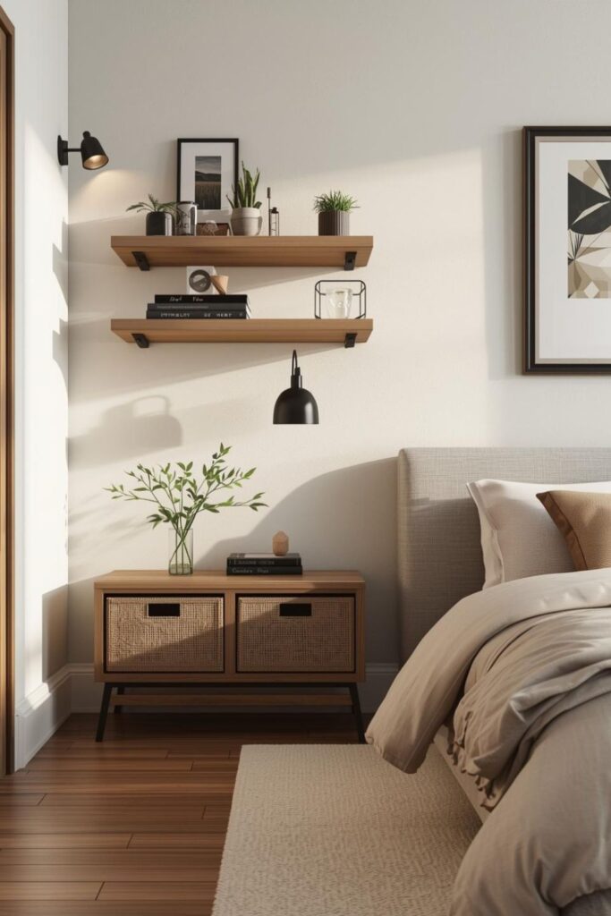 Floating Oak Shelves Over Nightstands for Calm Organization