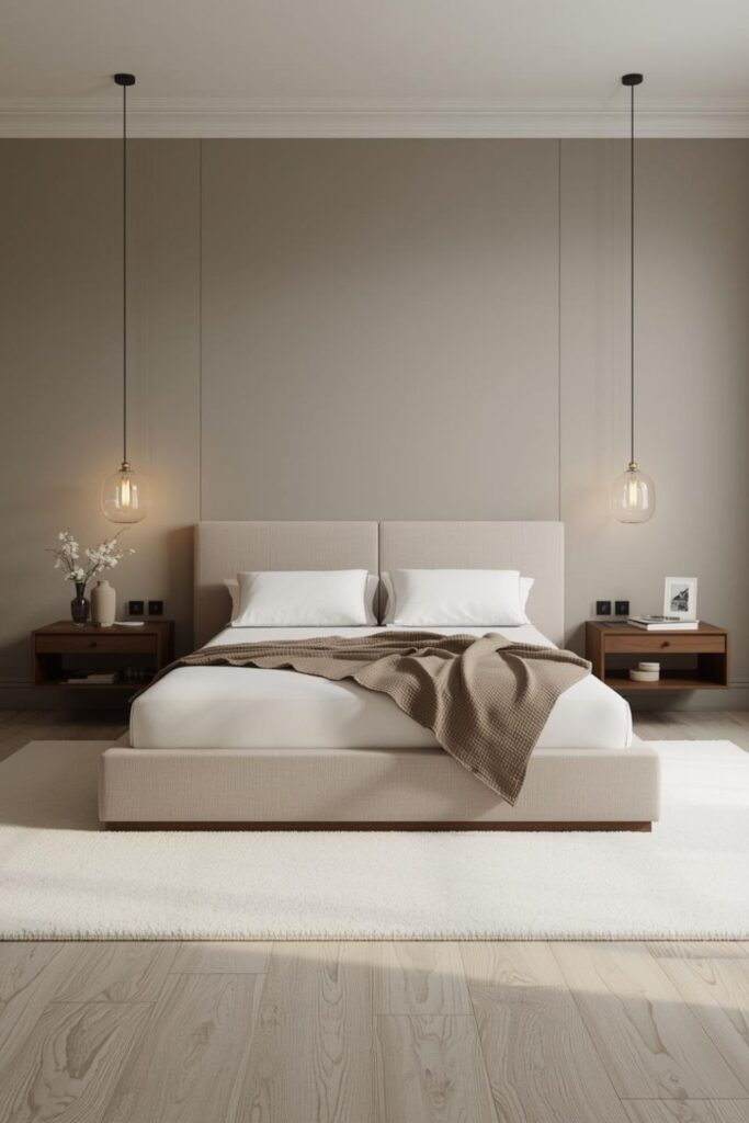 Floating Pendants Over Greige Upholstered Hotel Bed