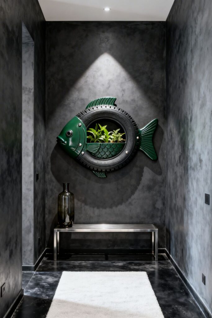 Forest Green Tire Fish Planter on Charcoal Microcement Wall