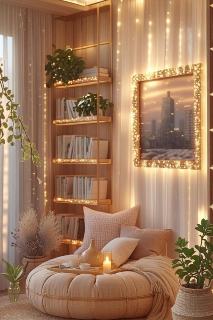 Gallery Wall Nook with Rattan Frames and Ivory Pouf
