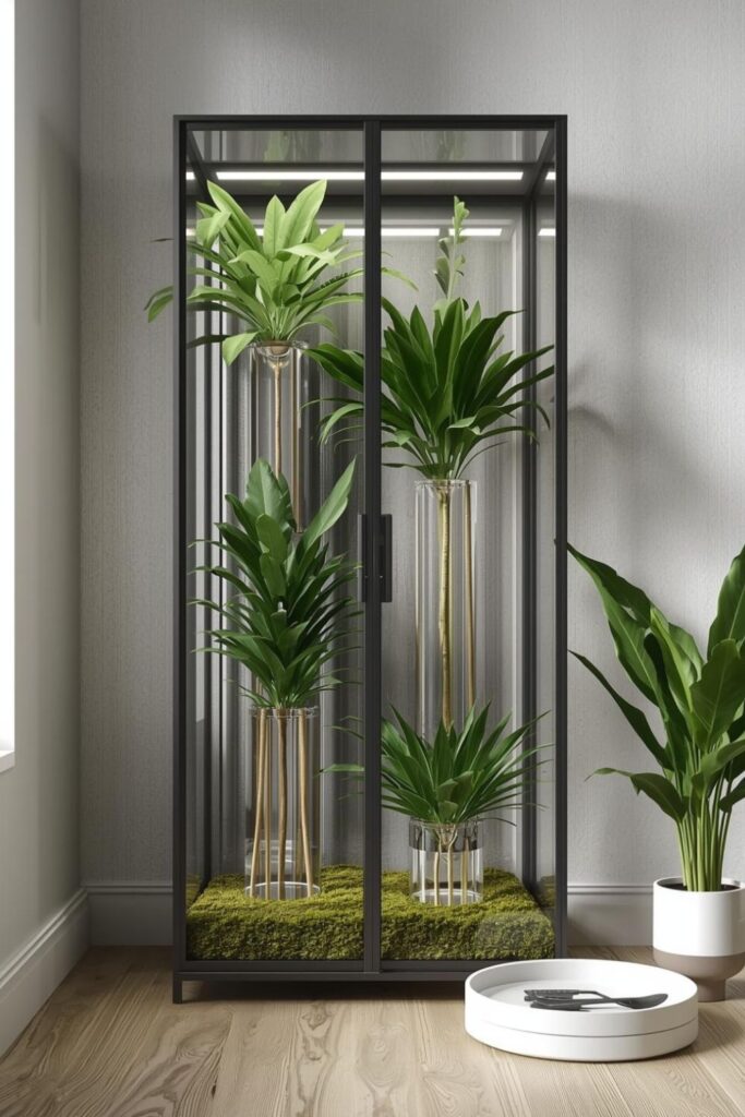 Glass Greenhouse Cabinet Display with Rare Plants and LED Strips