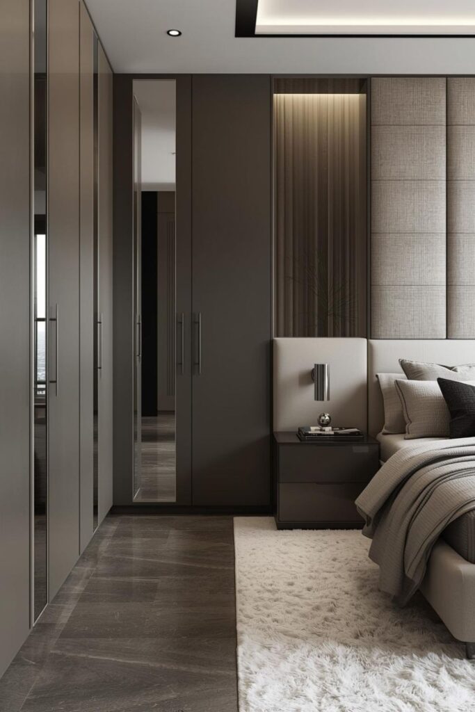 Gloss Taupe Wardrobes with Mirror Inserts and Stone Fabric Headboard