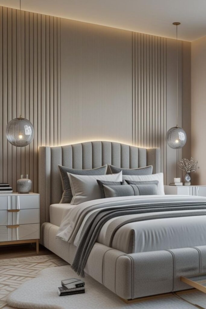 Glossy Lacquer Nightstands With Frosted Orb Pendants
