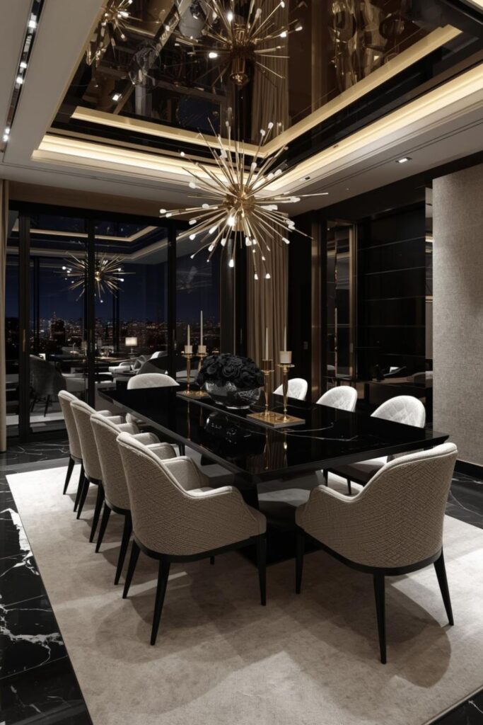 Gold-on-Black Luxe With Mirror Panels and Starburst Chandelier
