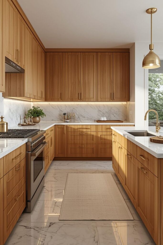 Golden Honey Wood Kitchen With White Marble and Warm Lighting