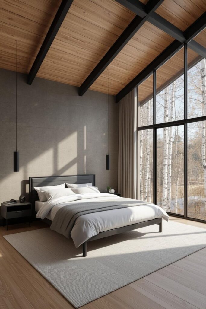 Golden Oak Ceiling With Smooth Concrete and Scandinavian Simplicity