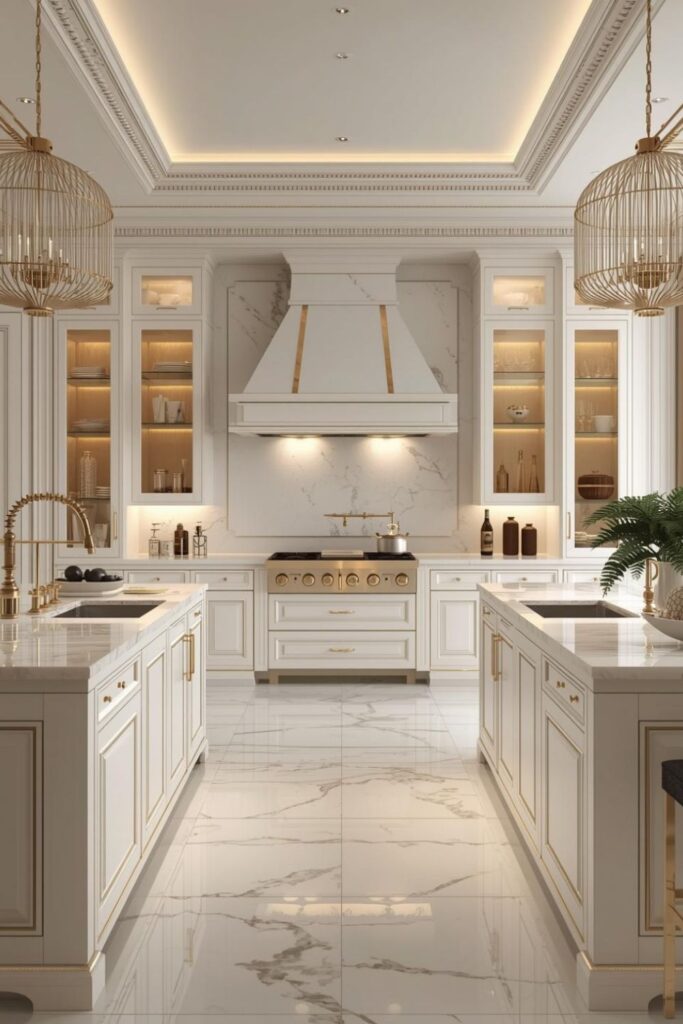 Grand Double-Island Kitchen with Brass, Marble, and Molding Detail