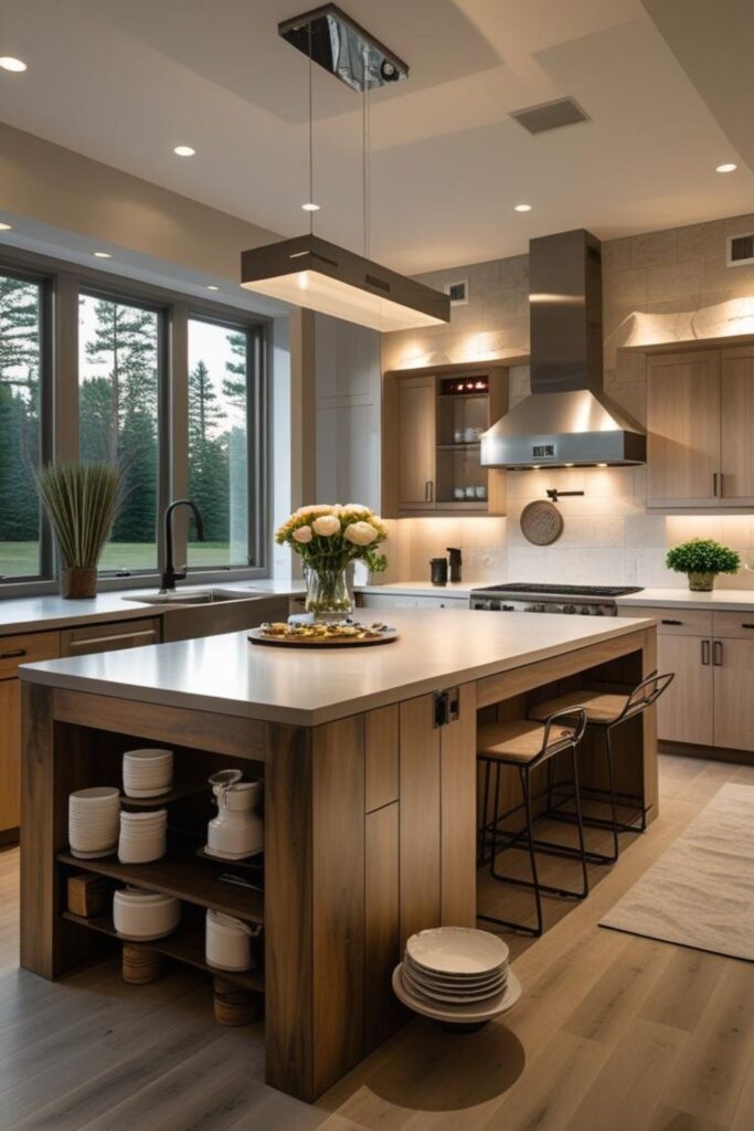 High-Contrast Kitchen With Graphite Grey Island and Black Window Frames
