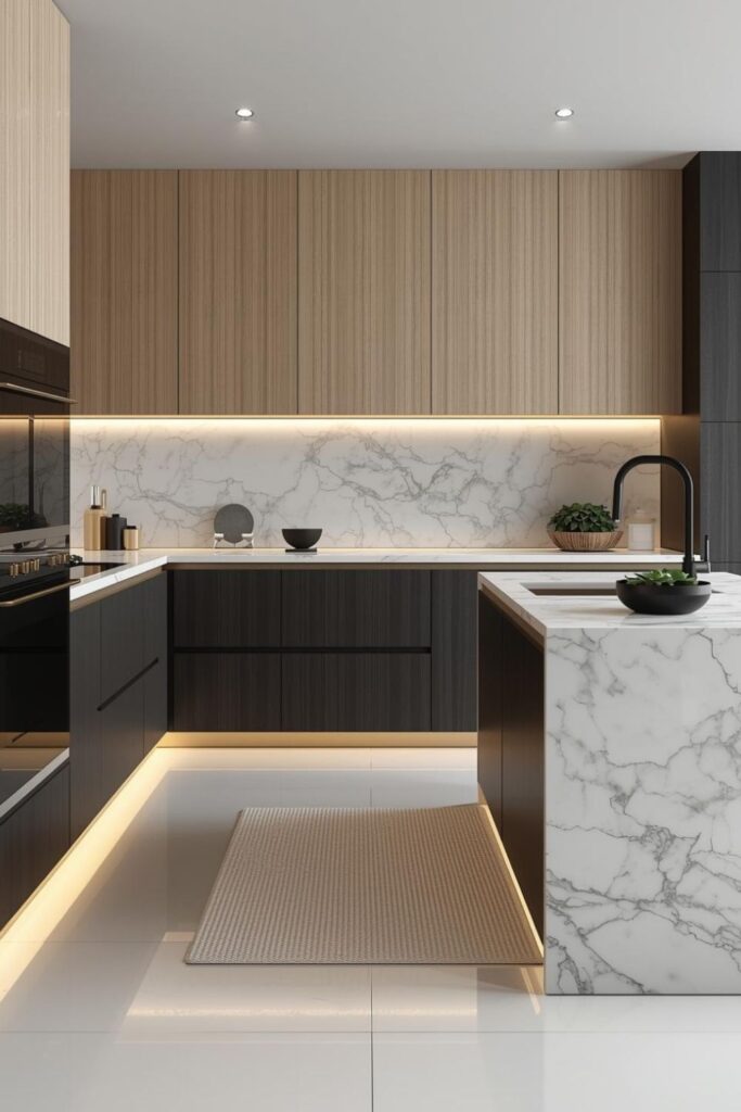 High-Contrast Two-Tone Kitchen With Gold and Bold Marble
