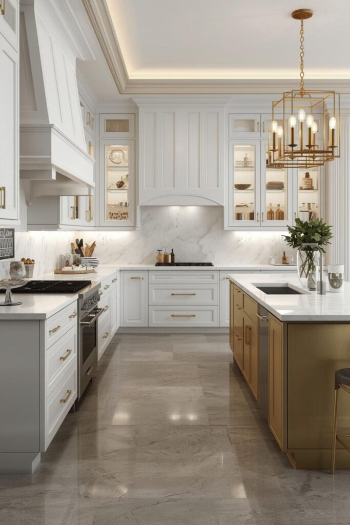 High-Contrast White Kitchen with Rich Gold and Marble Texture