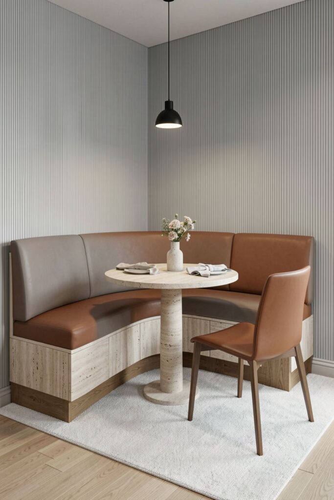 High-End Small Dining Nook with Banquette Storage and Stone Table