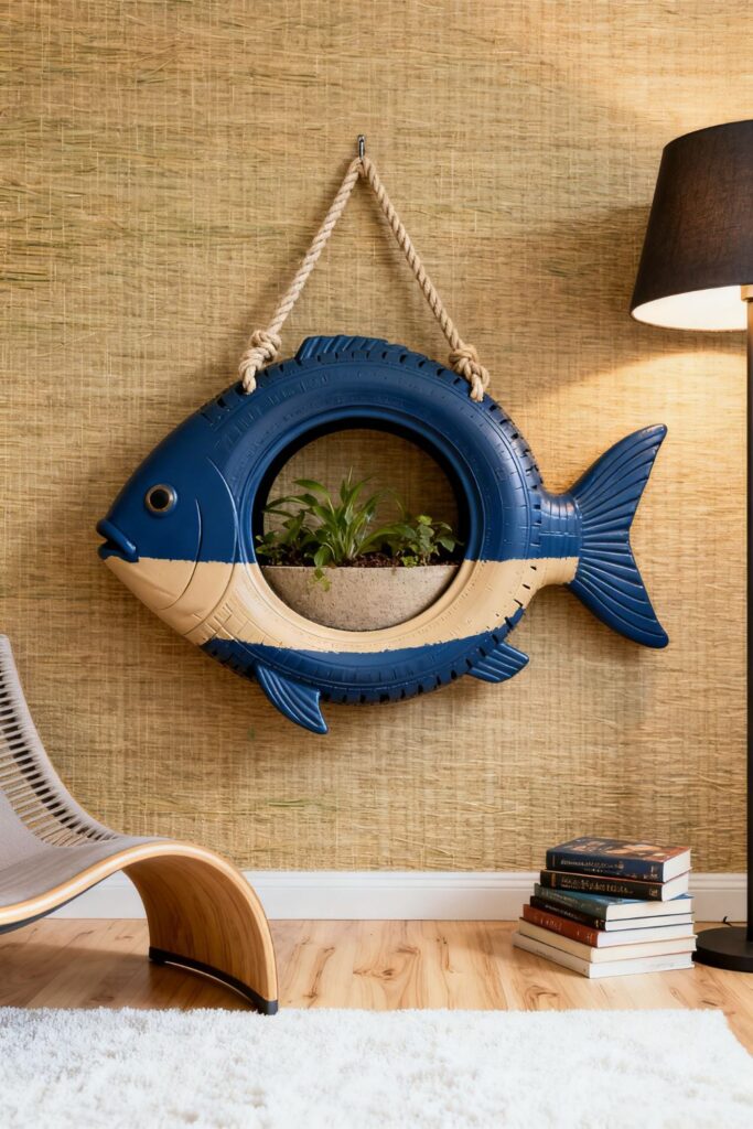 Indigo and Sand Tire Fish Planter for Relaxed Reading Corner