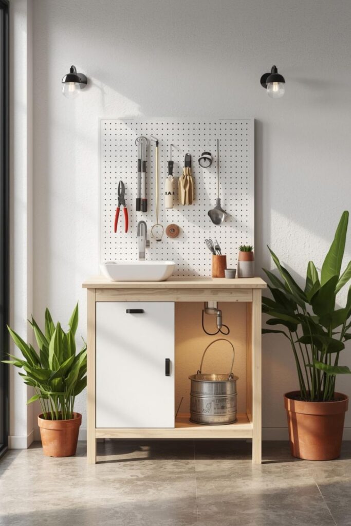 Indoor Potting Station with Pegboard Tools and Sink-Style Basin